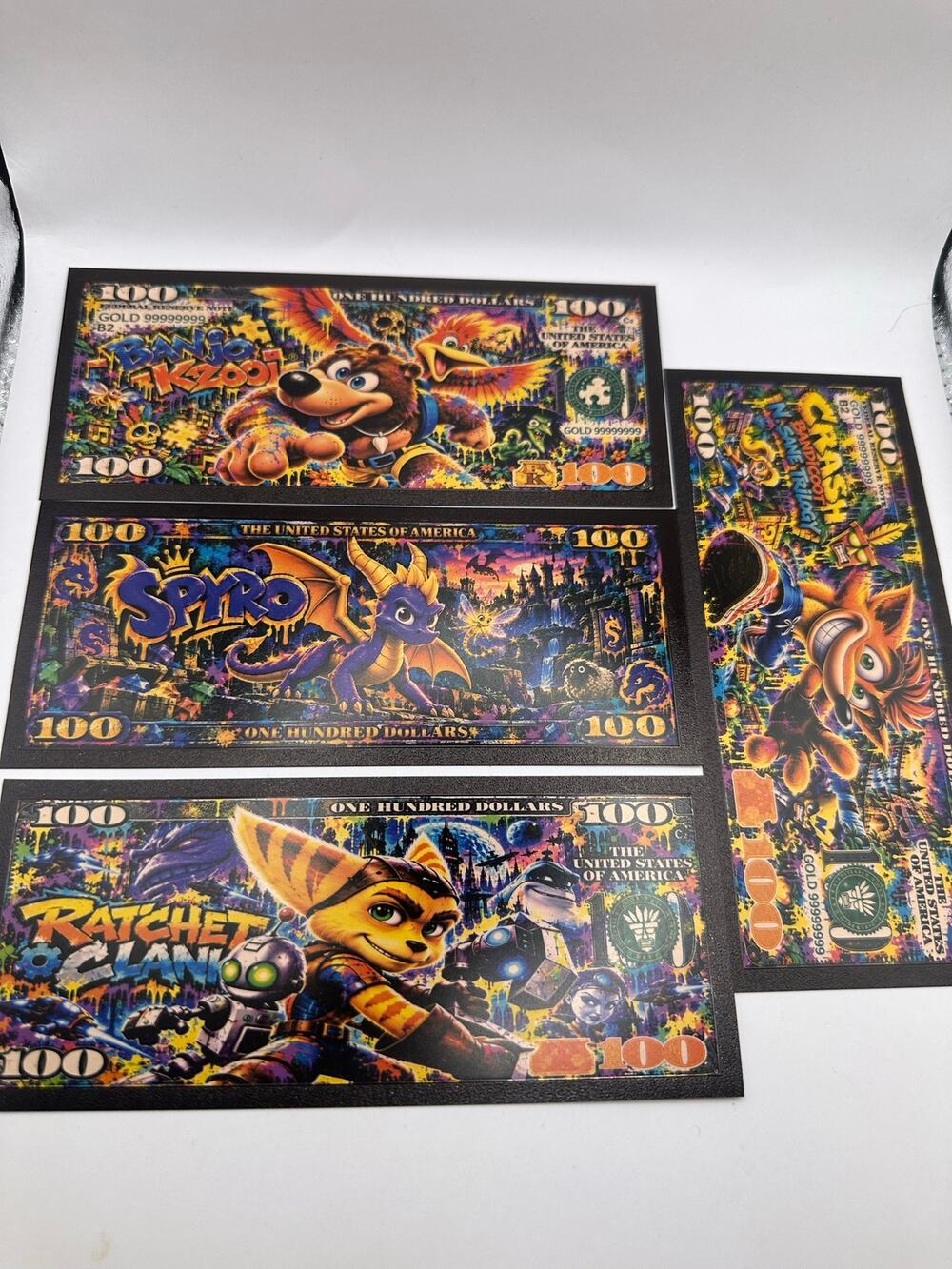 Gaming Novelty $100 Note Set Banjo Kazooie Spyro Crash Ratchet & Clank 4pc
